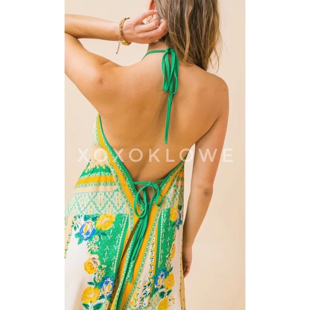 Boho Print Hanky Hem Halter Midi Dress - Picture 6 of 10